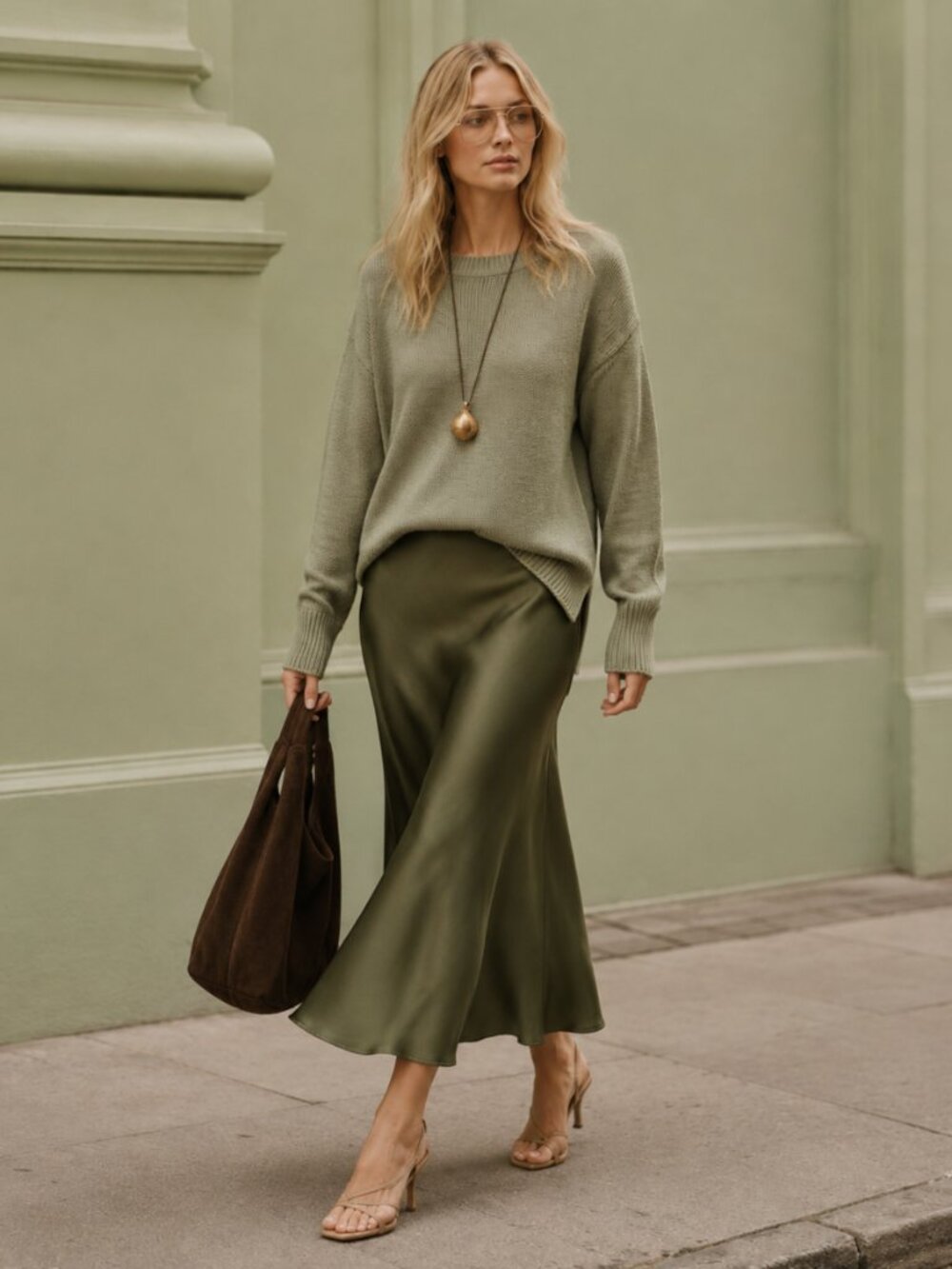 ✨2-Piece Outfit Set Olive Green | Satin Midi Skirt + Cotton Sweater